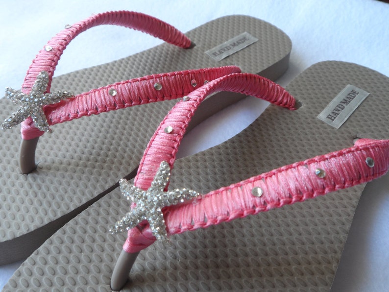 CORAL Bridal Flip Flops/Starfish Rhinestone/Color Macrame | Etsy