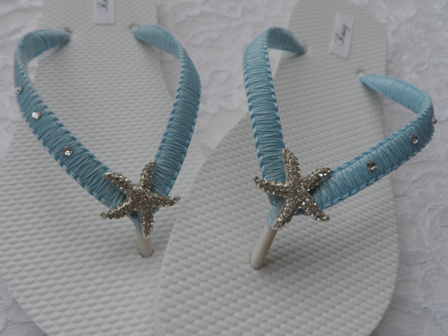 Macrame Light Blue Flip Flops / Bridal Starfish Rinestone / | Etsy