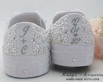 Personalized Pearls Crystal Wedding Converse for Bride / White Wedding Converse  / Wedding Converse Shoes / Custom Bling Low Top Converse .