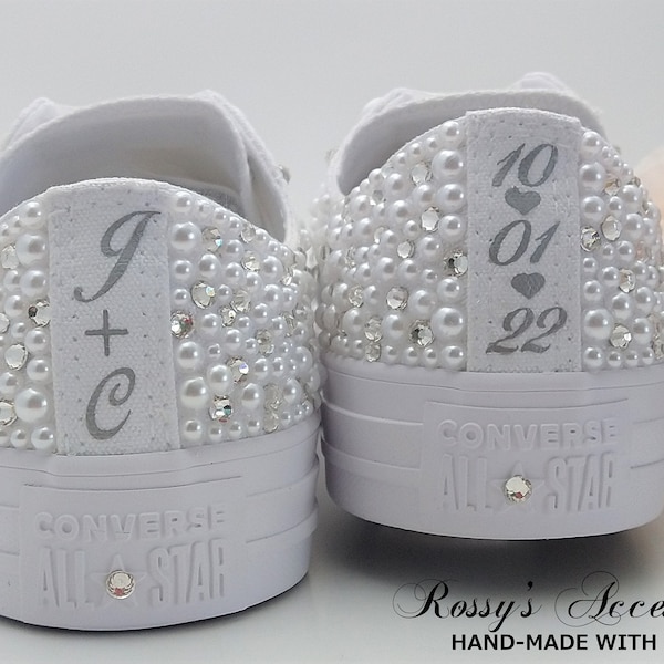 Personalized Pearls Crystal Wedding Converse for Bride / White Wedding Converse  / Wedding Converse Shoes / Custom Bling Low Top Converse .