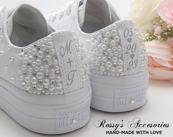 Custom All White Platform Pearls Crystal Wedding Converse for Bride / All White Platform Wedding Converse / Custom Bling Platform Convers