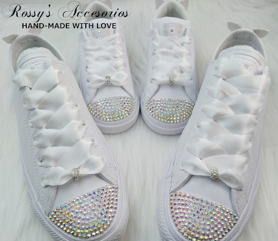 White converse sale with leather laces