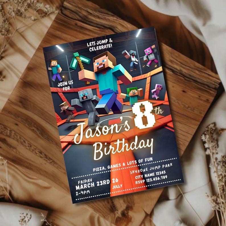 Puede incluir: Una invitaci&oacute;n de cumplea&ntilde;os con personajes al estilo Minecraft. La invitaci&oacute;n dice "8&ordm; Cumplea&ntilde;os de Jason" con detalles para una fiesta en Skyzone Jump Park. El dise&ntilde;o incluye el texto "Pizza, juegos y mucha diversi&oacute;n."