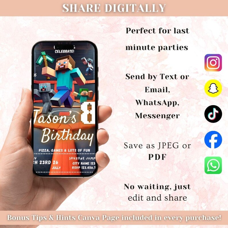 Puede incluir: Un tel&eacute;fono inteligente muestra una invitaci&oacute;n digital de cumplea&ntilde;os con tem&aacute;tica de Minecraft. La invitaci&oacute;n dice "Jason's Birthday" con detalles y gr&aacute;ficos. El texto a la derecha promueve el intercambio digital por SMS, correo electr&oacute;nico y redes sociales.