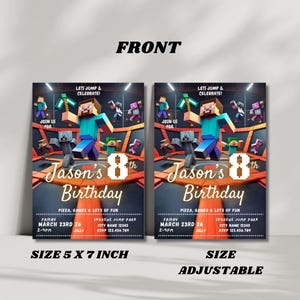 Puede incluir: Dos invitaciones de cumplea&ntilde;os con tem&aacute;tica de Minecraft. Las invitaciones presentan un personaje pixelado y el texto "8&ordm; Cumplea&ntilde;os de Jason". Las invitaciones miden 12,7 x 17,8 cm y son ajustables.