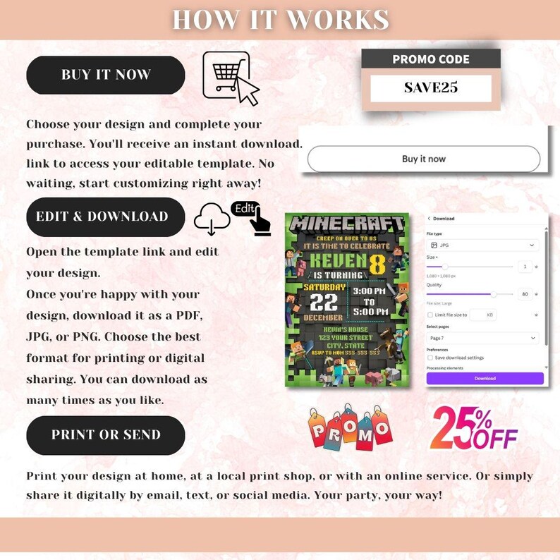 Minecraft Invite Code Playstation Minecraft Birthday Invitation Template 5x7 | Editable Canva Gamer Party ...