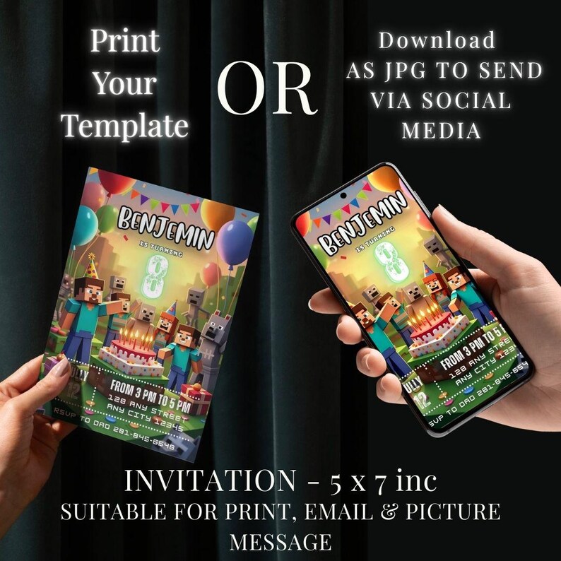 Minecraft Birthday Invitation Template 5x7 | Editable Canva Gamer Party ...