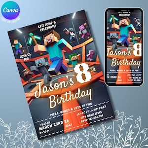 Puede incluir: Una invitaci&oacute;n de cumplea&ntilde;os con tem&aacute;tica de Minecraft. La invitaci&oacute;n incluye el texto "Jason's Birthday" y detalles sobre la fiesta, como la fecha, la hora y el lugar. El dise&ntilde;o incorpora personajes y elementos de Minecraft.