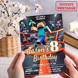 Puede incluir: Una invitaci&oacute;n de cumplea&ntilde;os con personajes pixelados y el texto "Jason's Birthday". La invitaci&oacute;n incluye detalles para un evento de parque de saltos, con las palabras "Lets Jump & Celebrate!" y "Instant Download" visibles.