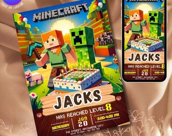 Invitación de cumpleaños de Pixel Gamer, plantilla editable de Canva (descarga digital)