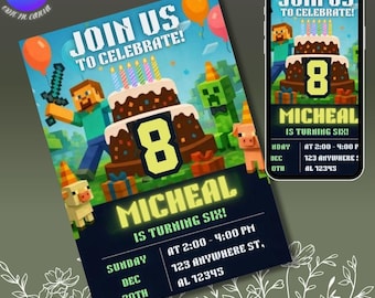 Plantilla de invitación para fiesta de cumpleaños de Pixel Block (5x7) / Invitación de cumpleaños para chicos gamer / Tema editable e imprimible