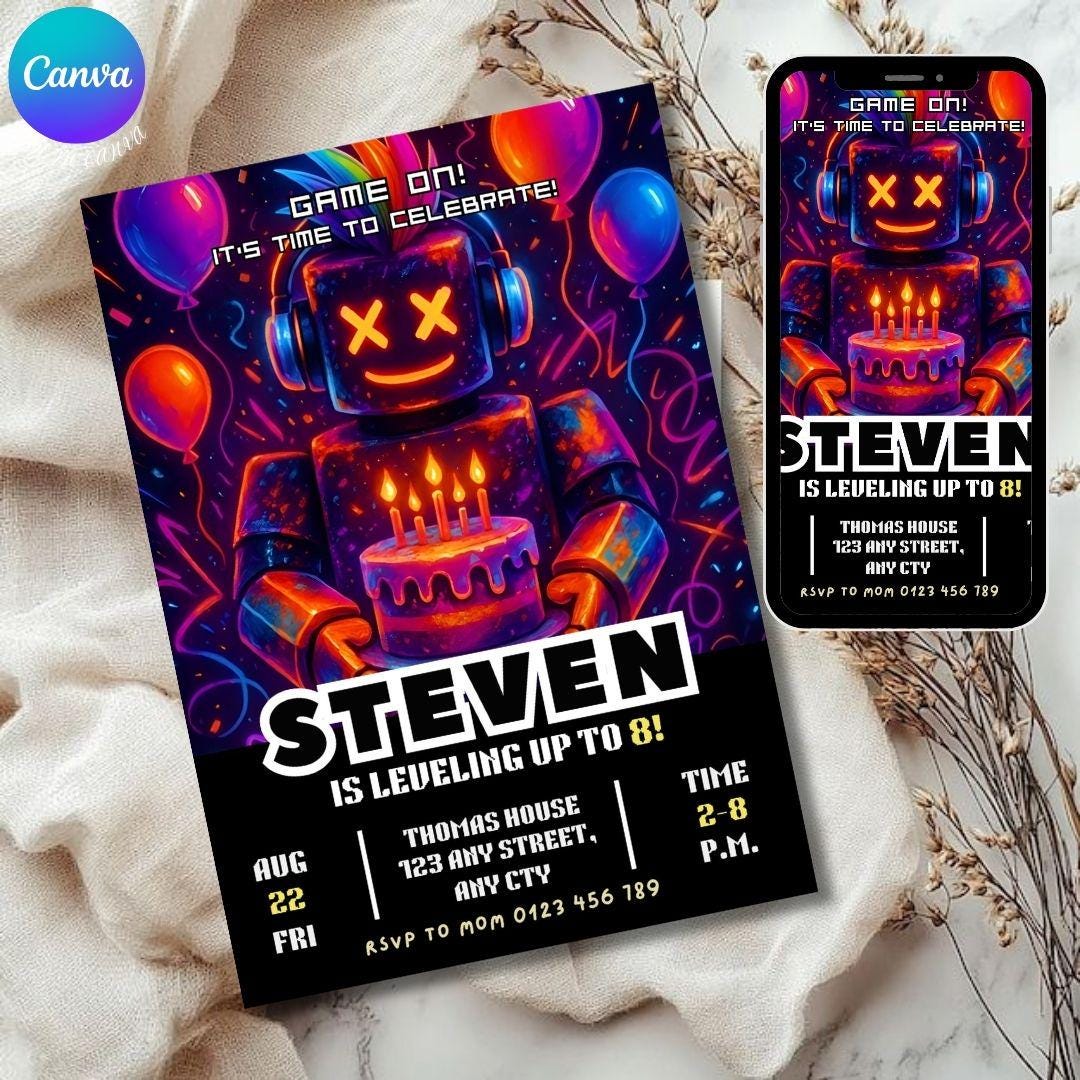 Editable Roblox Birthday Invitation Canva Template, Gamer Party Invite ...