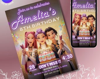 Invitación de cumpleaños editable de cazadores de demonios KPOP de 5x7 / Invitación para fiesta de chicas / Tema de anime dorado imprimible