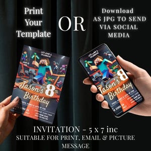 Puede incluir: Una plantilla de invitaci&oacute;n de cumplea&ntilde;os con tem&aacute;tica de Minecraft. El dise&ntilde;o incluye un personaje de Minecraft, el texto "Jason's 8th Birthday" y detalles del evento. La invitaci&oacute;n mide 12,7 x 17,8 cm y es adecuada para impresi&oacute;n o uso digital.