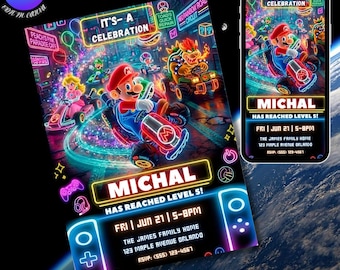 Invitación de cumpleaños de Mario Kart, invitación a fiesta de carreras de videojuegos neón (descarga digital)