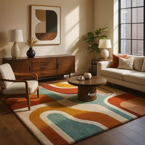 Mid-Century Modern Rug – Geometric Wave Design Living Room Carpet and bedroom room