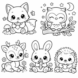以下が含まれることがあります： 白黒の線画で描かれた、キツネ、フクロウ、シカ、ウサギ、ハリネズミの6匹のかわいい森の生き物。キツネはドングリを持ち、フクロウは枝にとまり、ウサギはニンジンを食べ、ハリネズミはハートを持っています。