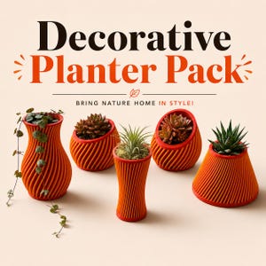 May include: A set of five orange planters with a ribbed, spiral texture. The text Decorative Planter Pack and BRING NATURE HOME IN STYLE! is displayed above the planters, which contain various green succulents and a trailing vine plant.