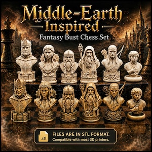 May include: A Middle-Earth-inspired fantasy bust chess set. The chess pieces are detailed busts of characters, in a light beige color. The set includes the text "FILES ARE IN STL FORMAT. Compatible with most 3D printers."