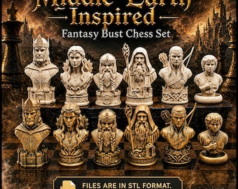 Könnte beinhalten: Ein von Mittelerde inspiriertes Fantasy-Büsten-Schachspiel. Die Schachfiguren sind detaillierte Büsten von Charakteren in hellbeige Farbe. Der Text "FILES ARE IN STL FORMAT. Kompatibel mit den meisten 3D-Druckern" ist enthalten.