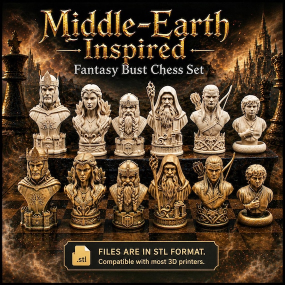 Middle-Earth Fantasy Bust Chess Set STL, Wizard, Elf, Dwarf Figures (Digital Download)