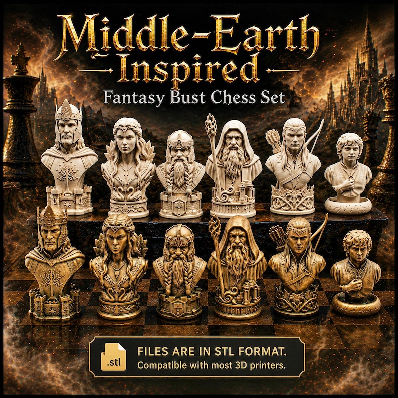 Middle-Earth Inspired Fantasy Bust Chess Set featuring six unique character-inspired chess pieces and three different chess board options. Detailed 3D printable STL files designed for FDM and resin 3D printing, ideal for fantasy collectors and chess enthusiasts.