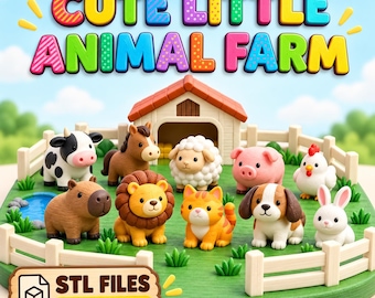 Könnte beinhalten: Eine Sammlung von Miniatur-Tierfiguren, darunter eine Kuh, ein Pferd, ein Schaf, ein Schwein, ein Huhn, ein Capybara, ein Löwe, eine Katze, ein Hund und ein Kaninchen in einem umzäunten Gehege mit Scheune. Der Text CUTE LITTLE ANIMAL FARM und STL FILES DIGITAL DOWNLOAD ist zu sehen.