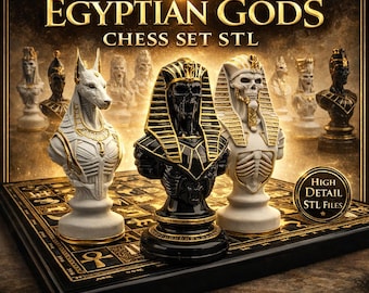 May include: A chess set featuring Egyptian gods, with pieces in white, black, and gold. The set includes Anubis, a pharaoh, and other figures. The board is black with gold detailing. Text on the image reads "IMMORTAL EGYPTIAN GODS CHESS SET STL" and "PERFECT FOR 3D PRINTING."