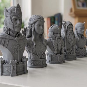 Middle-Earth Inspired Fantasy Bust Chess Set featuring six unique character-inspired chess pieces and three different chess board options. Detailed 3D printable STL files designed for FDM and resin 3D printing, ideal for fantasy collectors and chess enthusiasts.