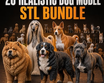 Könnte beinhalten: Eine digitale Sammlung mit dem Titel 20 REALISTIC DOG MODEL STL BUNDLE, die verschiedene Hunderassen zeigt, darunter einen flauschigen beigen Chow-Chow, einen langhaarigen Afghanen, einen dreifarbigen Berner Sennenhund und einen grauen Hund.