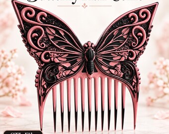 Könnte beinhalten: Ein Haarkamm in Schmetterlingsform mit komplexen rosa und schwarzen Schnörkelmustern. Der Text Butterfly Hair Comb steht oben, und der Text STL File Digital Download befindet sich in einem schwarzen Kasten unten links.