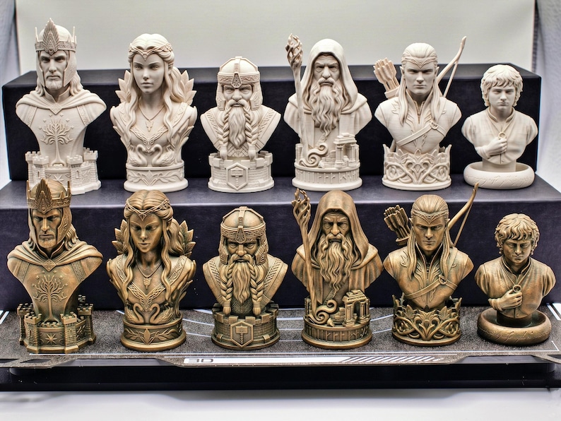 Middle-Earth Inspired Fantasy Bust Chess Set featuring six unique character-inspired chess pieces and three different chess board options. Detailed 3D printable STL files designed for FDM and resin 3D printing, ideal for fantasy collectors and chess enthusiasts.