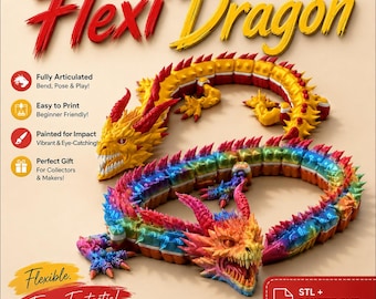 Könnte beinhalten: Zwei bewegliche Drachenfiguren. Eine ist gelb mit roten Akzenten, die andere zeigt einen Regenbogenverlauf. Der Text umfasst "Flexi Dragon", "Fully Articulated", "Easy to Print", "Painted for Impact", "Perfect Gift", "Flexible. Fierce. Fantastic!" und "STL + PAINTED 3MF FILE INCLUDED".
