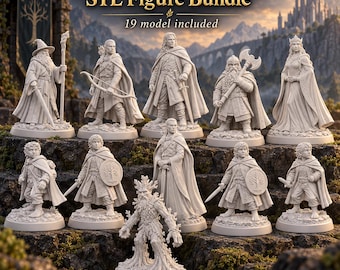 Könnte beinhalten: Eine Sammlung von 19 hellgrauen Fantasy-Figuren, die auf einer felsigen Oberfläche angeordnet sind. Der Text oben lautet Heroes of the Fellowship - STL Figure Bundle und 19 model included. Die Figuren zeigen Krieger, Zauberer und Kreaturen.