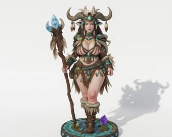 Schamanin (STL-Datei), Fantasy-Figur mit gehörntem Kopfschmuck und Kristallstab, 3D-Druckmodell, digitaler Download