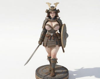 3D-Druckmodell einer weiblichen Samurai, gepanzerte Kriegerin mit Katana, Schild und Kabuto-Helm (STL-Datei)
