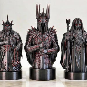 A split-screen promotional banner for a Mythic Fantasy Chess Set STL collection. The top shows a row of finely crafted, white and gold character busts (Light faction: King, elves, dwarf). The bottom shows a row of dark, menacing, and intricate character busts (Dark faction: armored figures, ghouls). The center features a gothic-style title banner that reads: 'MYTHIC FANTASY CHESS SET STL'. The background shows a library and a dark fortress.