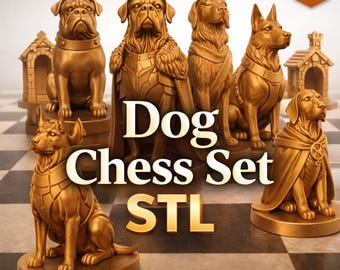 Könnte beinhalten: Ein goldenes Hunde-Schachspiel mit verschiedenen Hunderassen als Schachfiguren. Das Set enthält eine Bulldogge, einen Hund mit Krone und andere Hunde in königlicher Kleidung. Die Worte "Dog Chess Set STL" sind zu sehen.