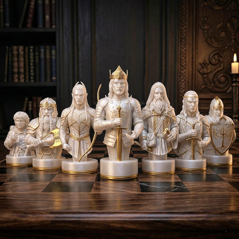 A split-screen promotional banner for a Mythic Fantasy Chess Set STL collection. The top shows a row of finely crafted, white and gold character busts (Light faction: King, elves, dwarf). The bottom shows a row of dark, menacing, and intricate character busts (Dark faction: armored figures, ghouls). The center features a gothic-style title banner that reads: 'MYTHIC FANTASY CHESS SET STL'. The background shows a library and a dark fortress.
