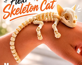 Könnte beinhalten: Eine cremefarbene, bewegliche 3D-gedruckte Katzenskelett-Figur mit flexibler Wirbelsäule und Schwanz. Der Text "Flexi Skeleton Cat" steht in großen orangefarbenen und schwarzen Buchstaben darüber, mit "STL + 3MF File included" am unteren Rand.