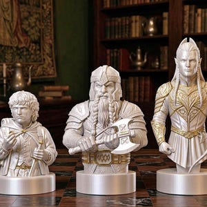 A split-screen promotional banner for a Mythic Fantasy Chess Set STL collection. The top shows a row of finely crafted, white and gold character busts (Light faction: King, elves, dwarf). The bottom shows a row of dark, menacing, and intricate character busts (Dark faction: armored figures, ghouls). The center features a gothic-style title banner that reads: 'MYTHIC FANTASY CHESS SET STL'. The background shows a library and a dark fortress.
