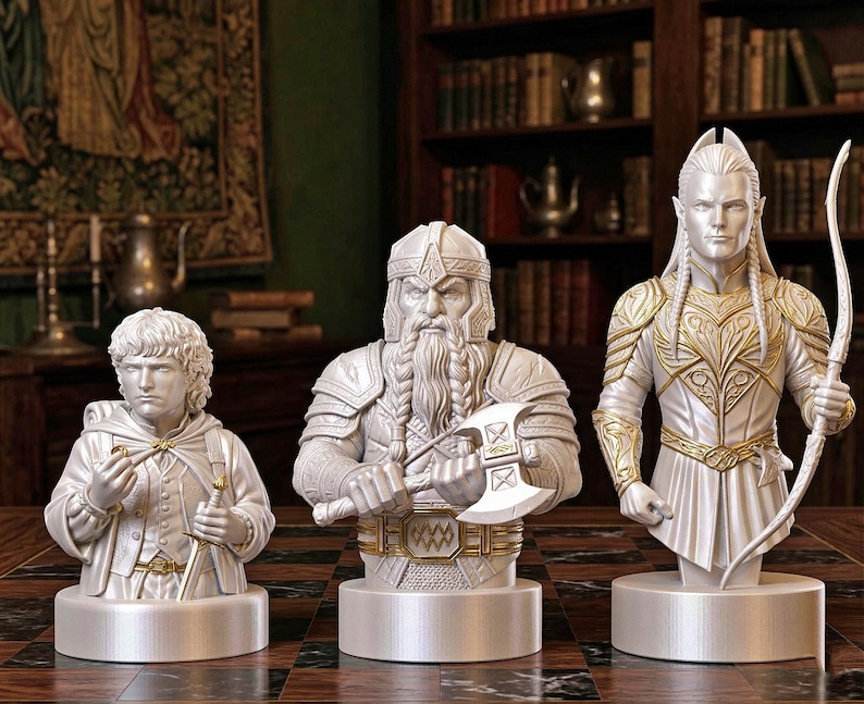 A split-screen promotional banner for a Mythic Fantasy Chess Set STL collection. The top shows a row of finely crafted, white and gold character busts (Light faction: King, elves, dwarf). The bottom shows a row of dark, menacing, and intricate character busts (Dark faction: armored figures, ghouls). The center features a gothic-style title banner that reads: 'MYTHIC FANTASY CHESS SET STL'. The background shows a library and a dark fortress.
