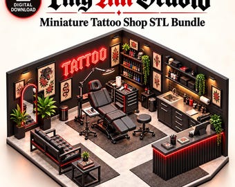 Könnte beinhalten: Ein digitales STL-Download-Paket für ein Miniatur-Tattoo-Studio mit einem schwarzen Ledersessel, einem Arbeitsplatz mit Schubladen, einem Empfangstresen mit roter Beleuchtung, Wandbildern, Pflanzen und einem roten Leuchtschild mit der Aufschrift TATTOO.