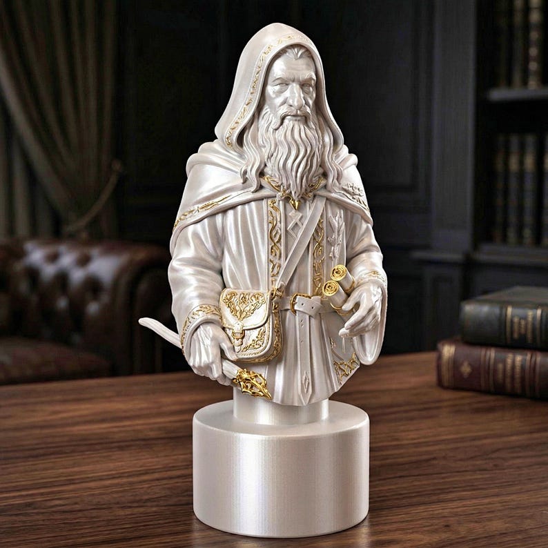 A split-screen promotional banner for a Mythic Fantasy Chess Set STL collection. The top shows a row of finely crafted, white and gold character busts (Light faction: King, elves, dwarf). The bottom shows a row of dark, menacing, and intricate character busts (Dark faction: armored figures, ghouls). The center features a gothic-style title banner that reads: 'MYTHIC FANTASY CHESS SET STL'. The background shows a library and a dark fortress.