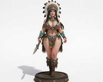 Fantasy-Kriegerin (STL-Figur), Federkopfschmuck und Speer, 3D-Druckdatei für weibliche Statuen, digitaler Download