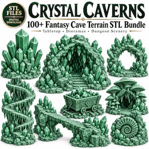 Puede incluir: Un paquete de descarga digital de más de 100 archivos STL de terreno de cueva de fantasía Crystal Caverns. La colección presenta modelos 3D en tonos verdes que incluyen grupos de cristales, una entrada de cueva, un arco y un vagón.