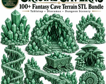Könnte beinhalten: Ein digitales Download-Paket mit über 100 Crystal Caverns Fantasy-Höhlengelände STL-Dateien. Die Sammlung enthält grünliche 3D-Modelle wie Kristallgruppen, einen Höhleneingang, einen Steinbogen, eine Wendeltreppe, einen Lorenwagen und Pilze.