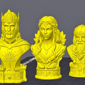 Middle-Earth Inspired Fantasy Bust Chess Set featuring six unique character-inspired chess pieces and three different chess board options. Detailed 3D printable STL files designed for FDM and resin 3D printing, ideal for fantasy collectors and chess enthusiasts.