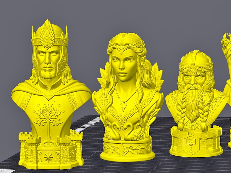Middle-Earth Inspired Fantasy Bust Chess Set featuring six unique character-inspired chess pieces and three different chess board options. Detailed 3D printable STL files designed for FDM and resin 3D printing, ideal for fantasy collectors and chess enthusiasts.