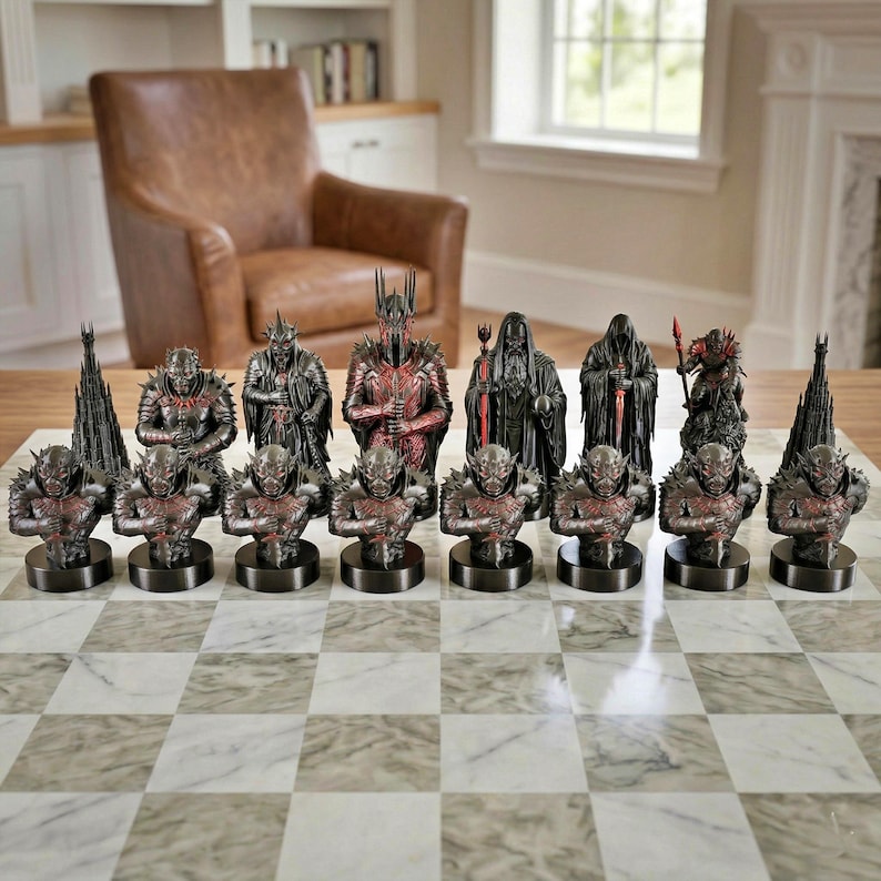 A split-screen promotional banner for a Mythic Fantasy Chess Set STL collection. The top shows a row of finely crafted, white and gold character busts (Light faction: King, elves, dwarf). The bottom shows a row of dark, menacing, and intricate character busts (Dark faction: armored figures, ghouls). The center features a gothic-style title banner that reads: 'MYTHIC FANTASY CHESS SET STL'. The background shows a library and a dark fortress.